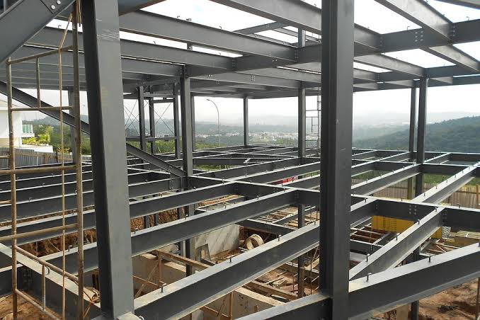 A steel frame being used in construction.
