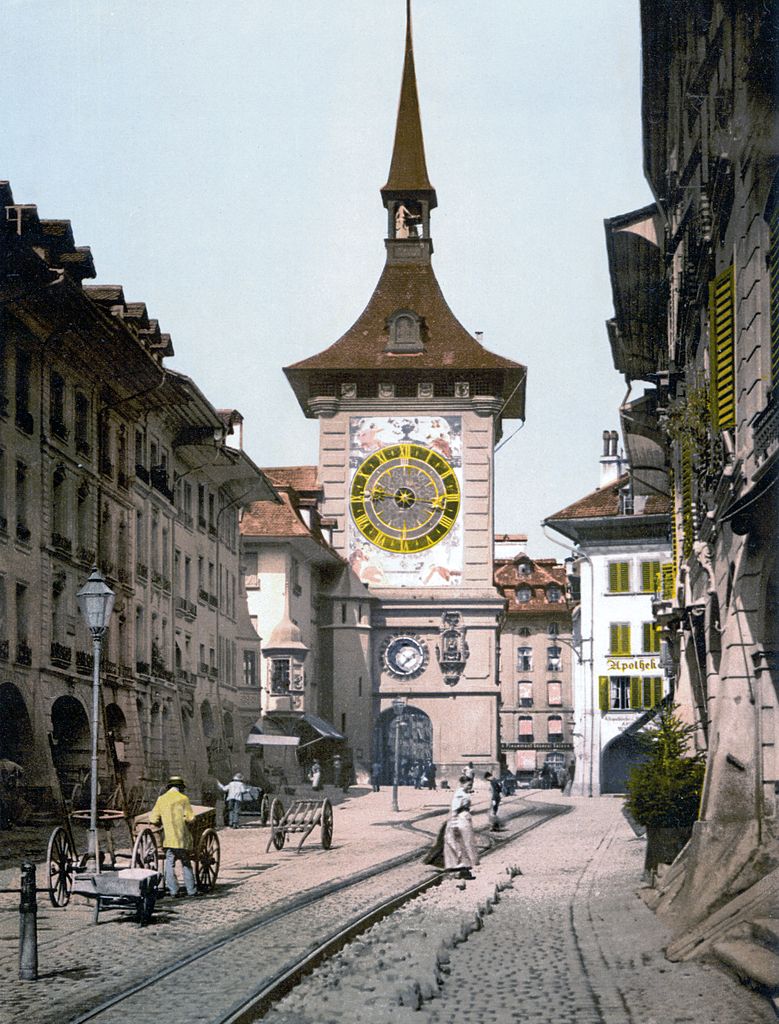 The Bern clocktower and streetcar tracks where Einstein first thought of the concept of spacetime. Colorised photo from 1900.