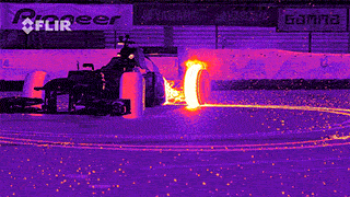 A Formula 1 car, seen through an infrared camera.