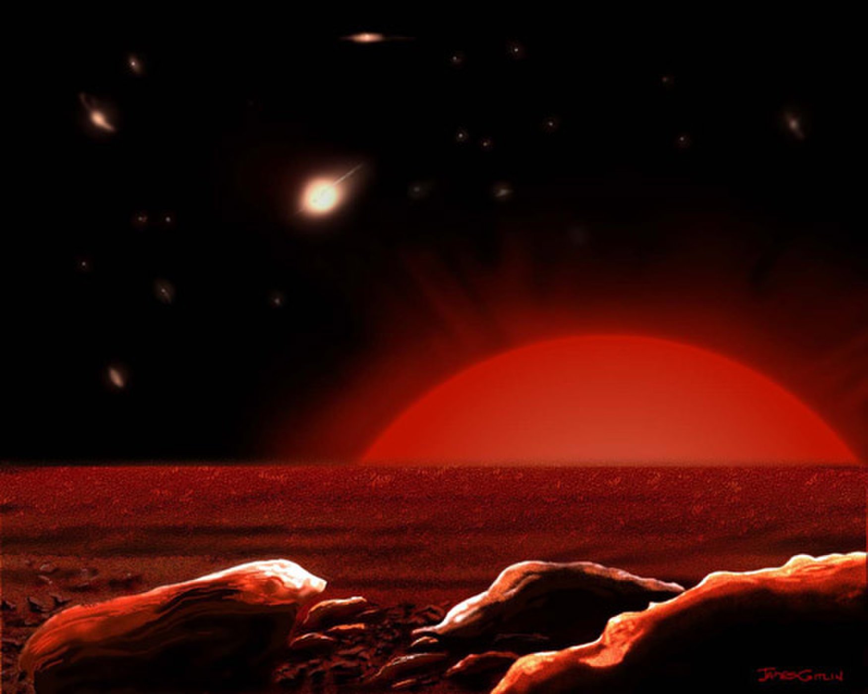 The Sun will swell into a red giant, scorching then engulfing the Earth. Image credit: James Gitlin